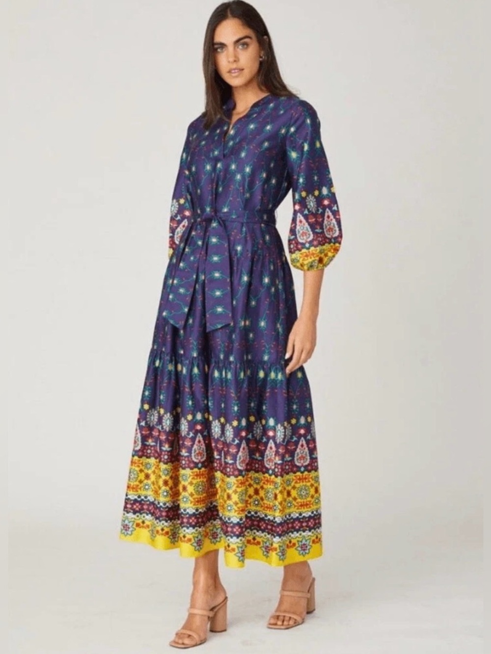 Bohemian Floral Border Purple Maxi Dress with Belt